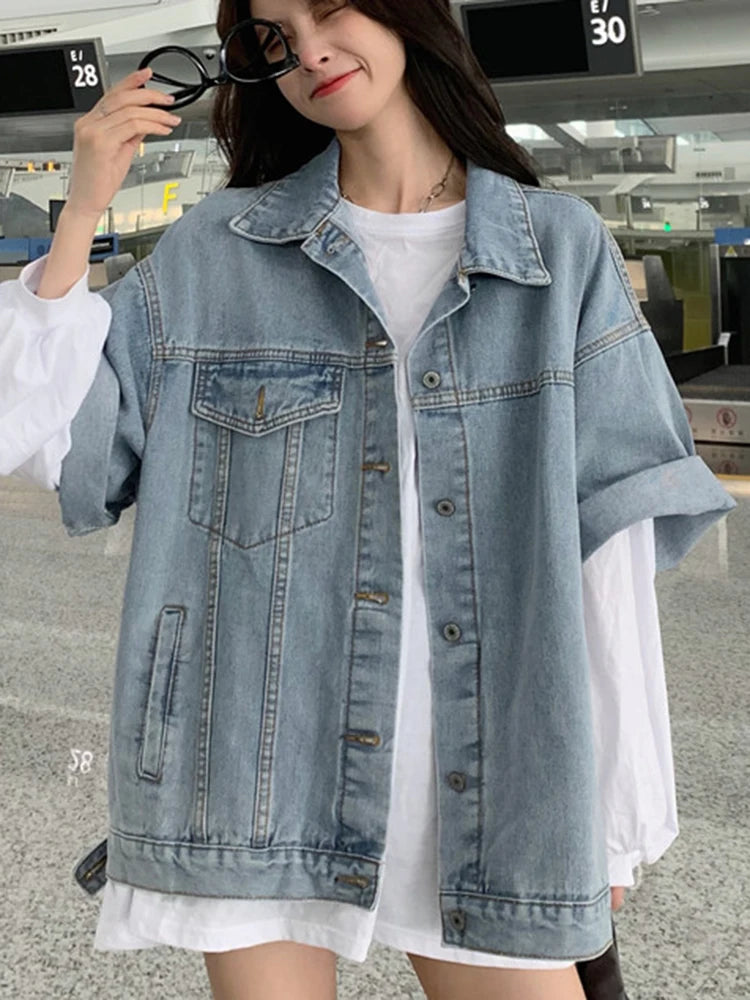 Half Sleeve Denim Jacket For Women Single Breasted Loose Fashion Pocket Patchwork Jackets Coat