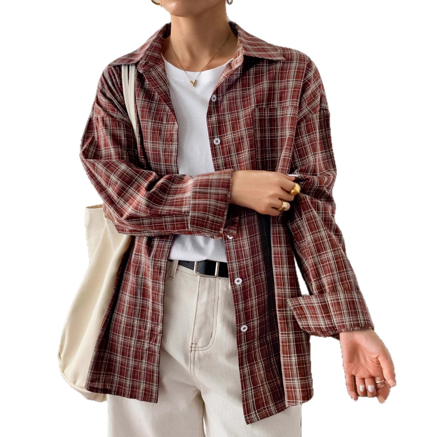 Checkered long sleeved button down shirt for women