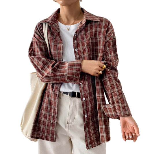 Checkered long sleeved button down shirt for women