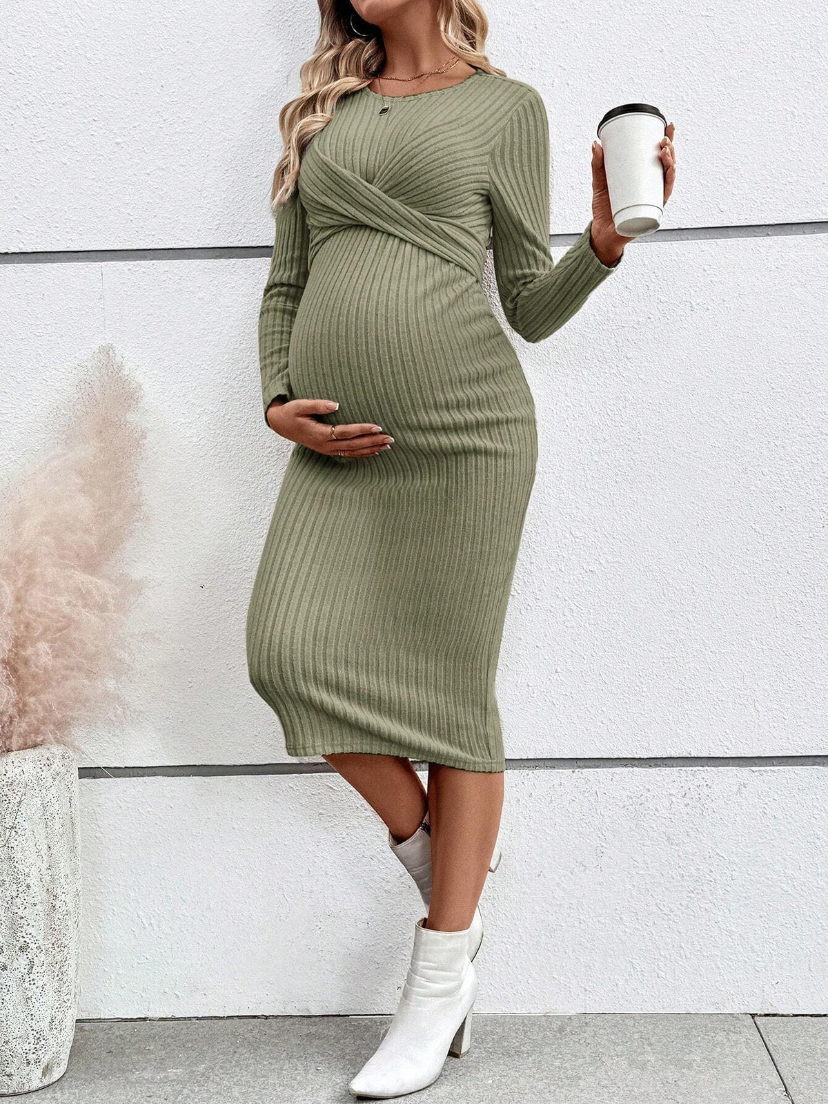 Long Sleeve Maternity Dress Elegant Knot Slim Fit Maternity Dress Full Length Dress