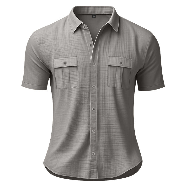 Solid color cardigan short sleeved loose collar men's shirt