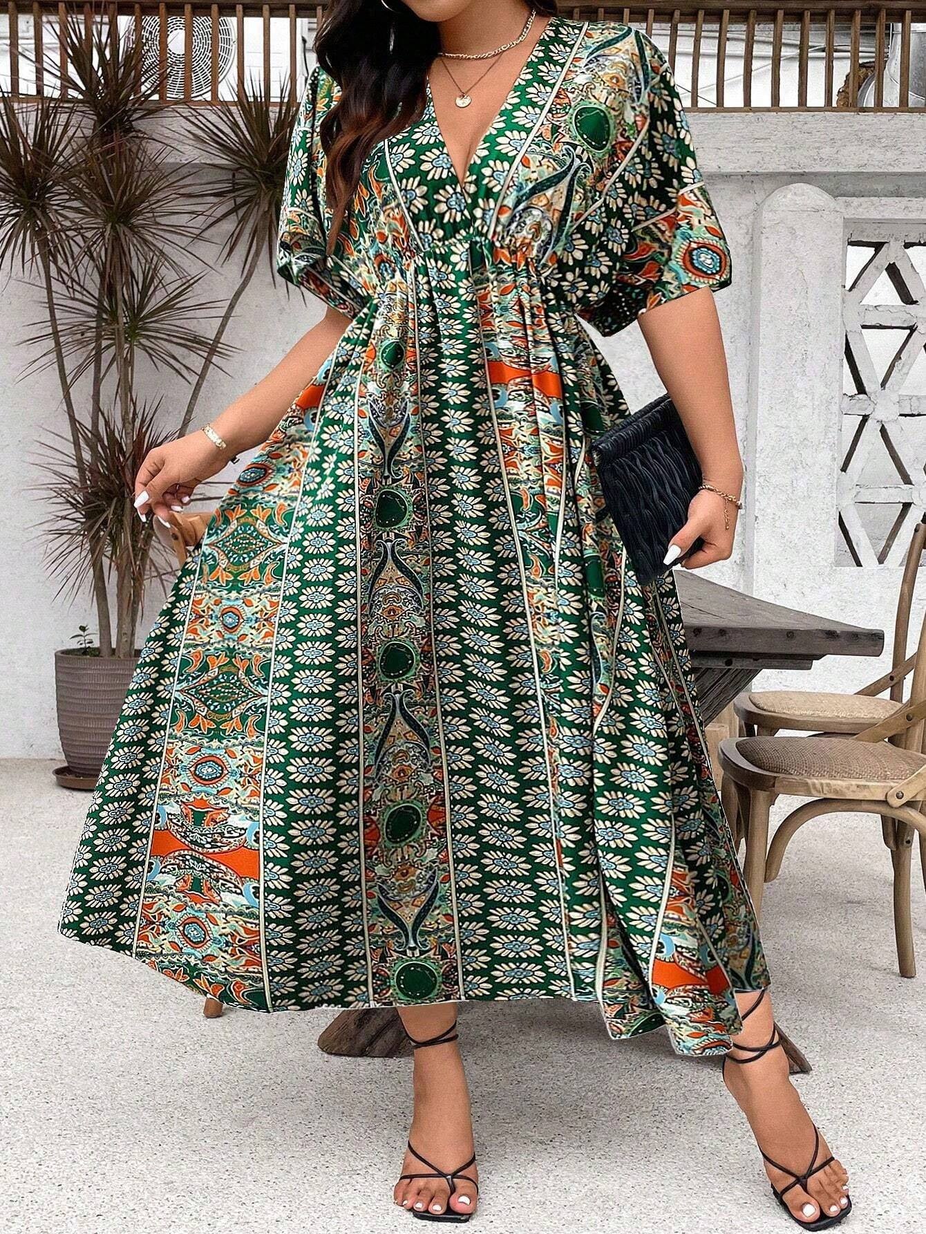 Bohemian Print Dress for Women, Casual Long Sleeve Maxi DressPlus Size Fashion Style