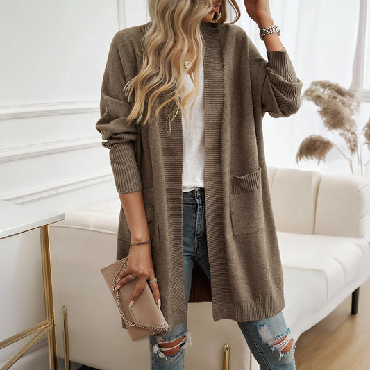 Autumn and winter European and American women's batsleeved temperament cardigan solid color sweater jacket