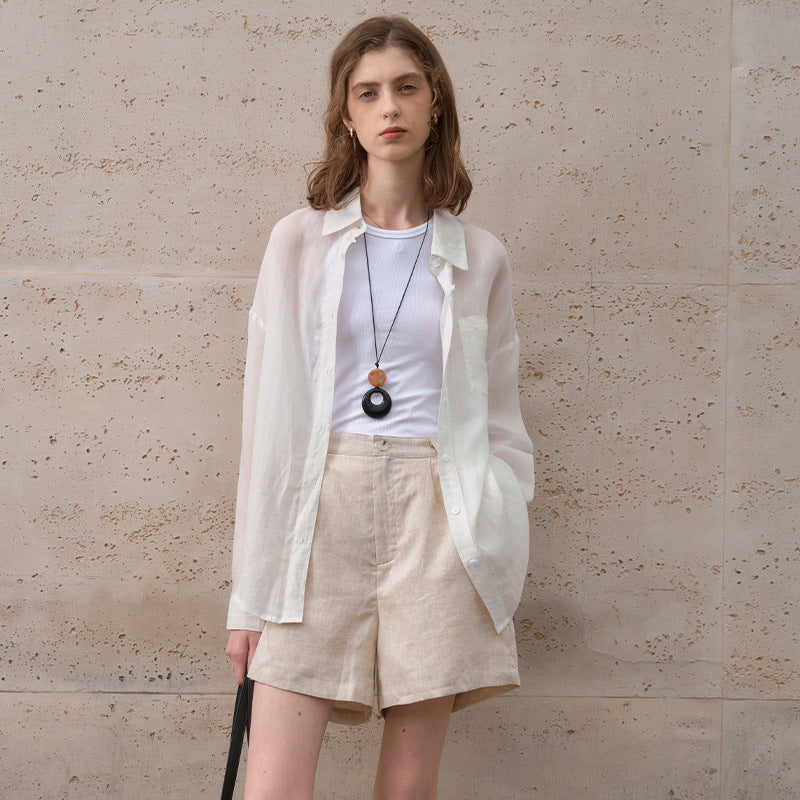 Pure Ramie Blouse High-end Women's French Sunscreen Loose Cardigan Turn-down Collar Long-sleeved Thin Shirt