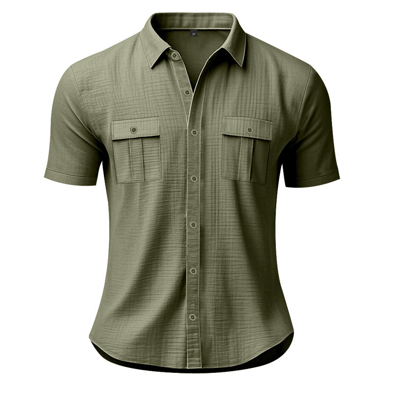 Solid color cardigan short sleeved loose collar men's shirt