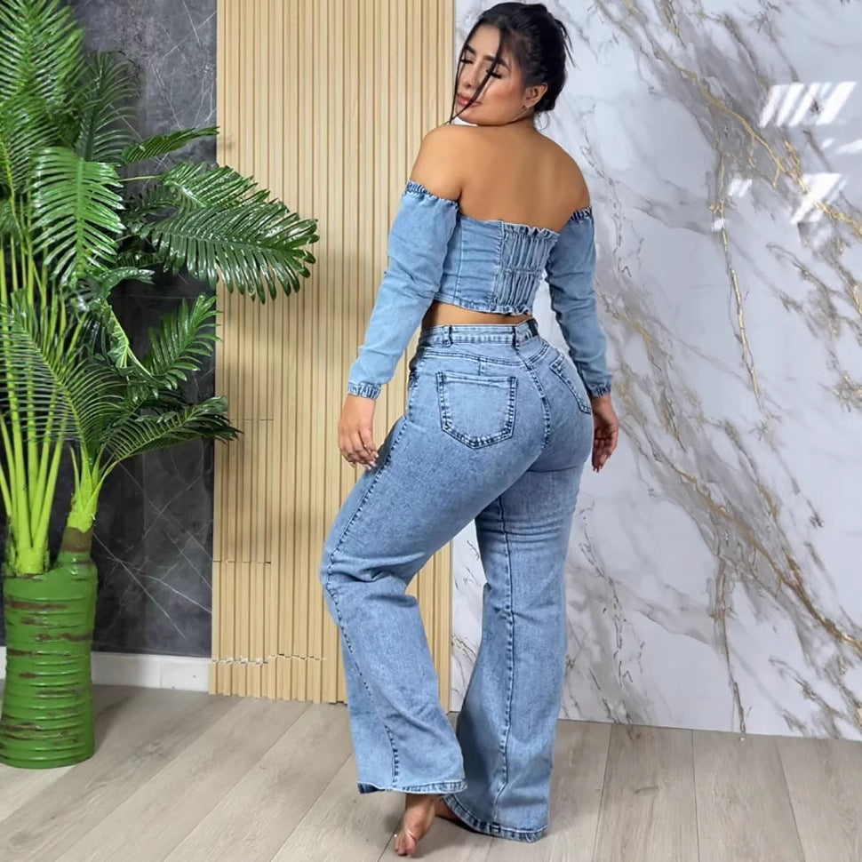Women's Denim Top Fashion Sexy Crop Long Sleeve One Shoulder Top
