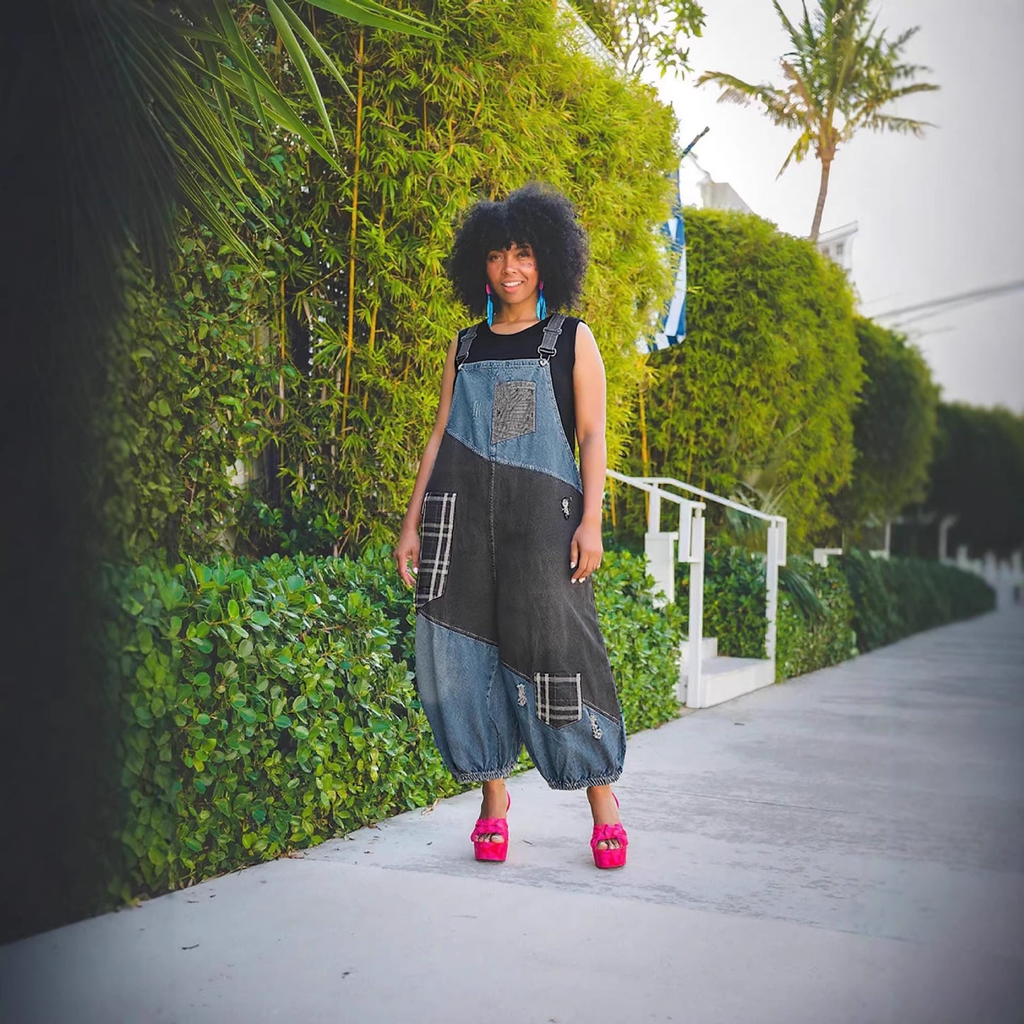 Ripped Checkered Patchwork Pocket 9/10th Length Overalls