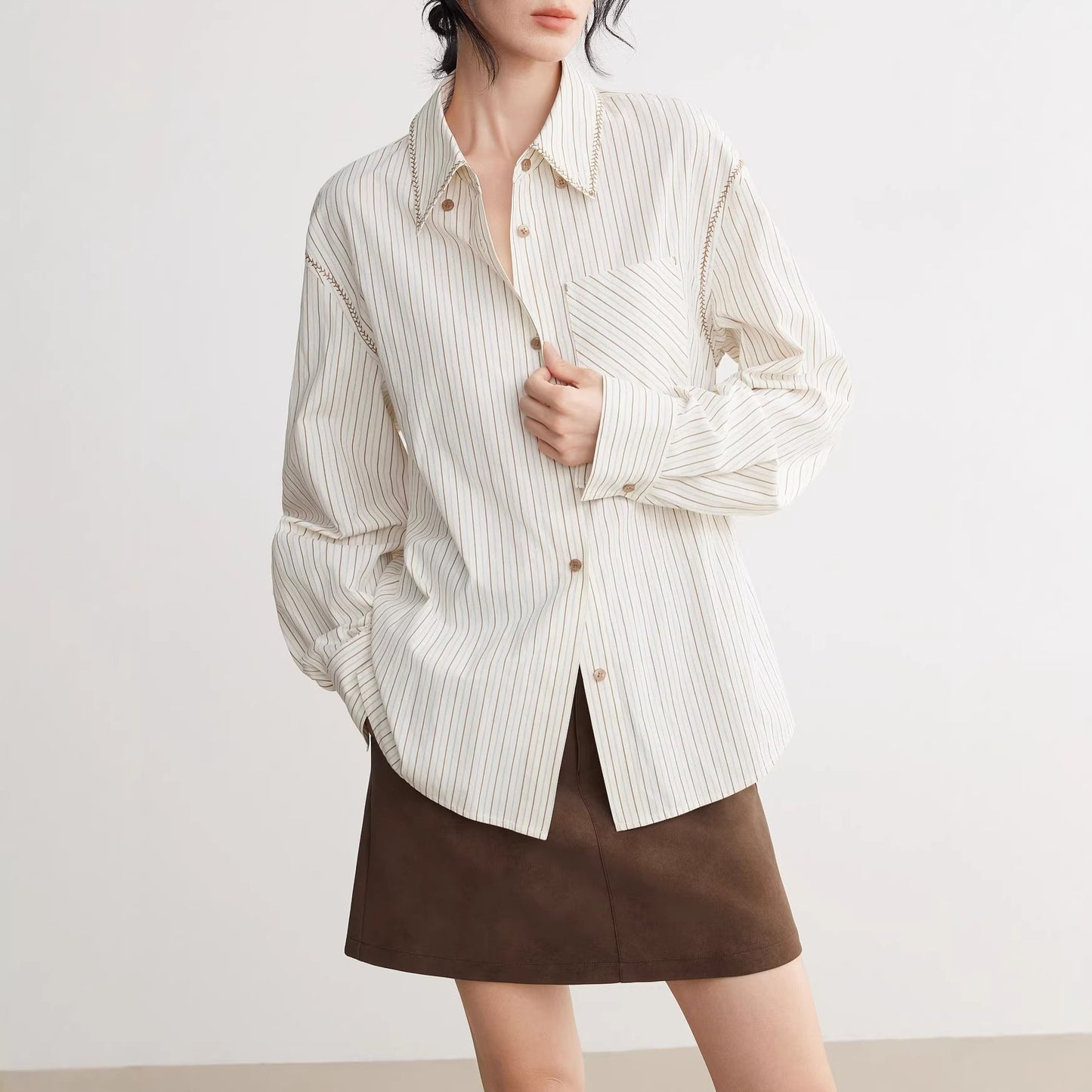 Stripe Splicing Long Sleeve Shirt Women Office Casual Blouse