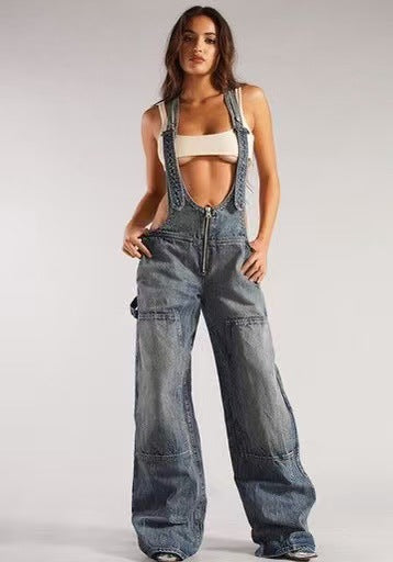 Street Style Low Waist Overalls Wide Leg Strap Pants Women's Fashion Casual Trendy Bodycon Pants