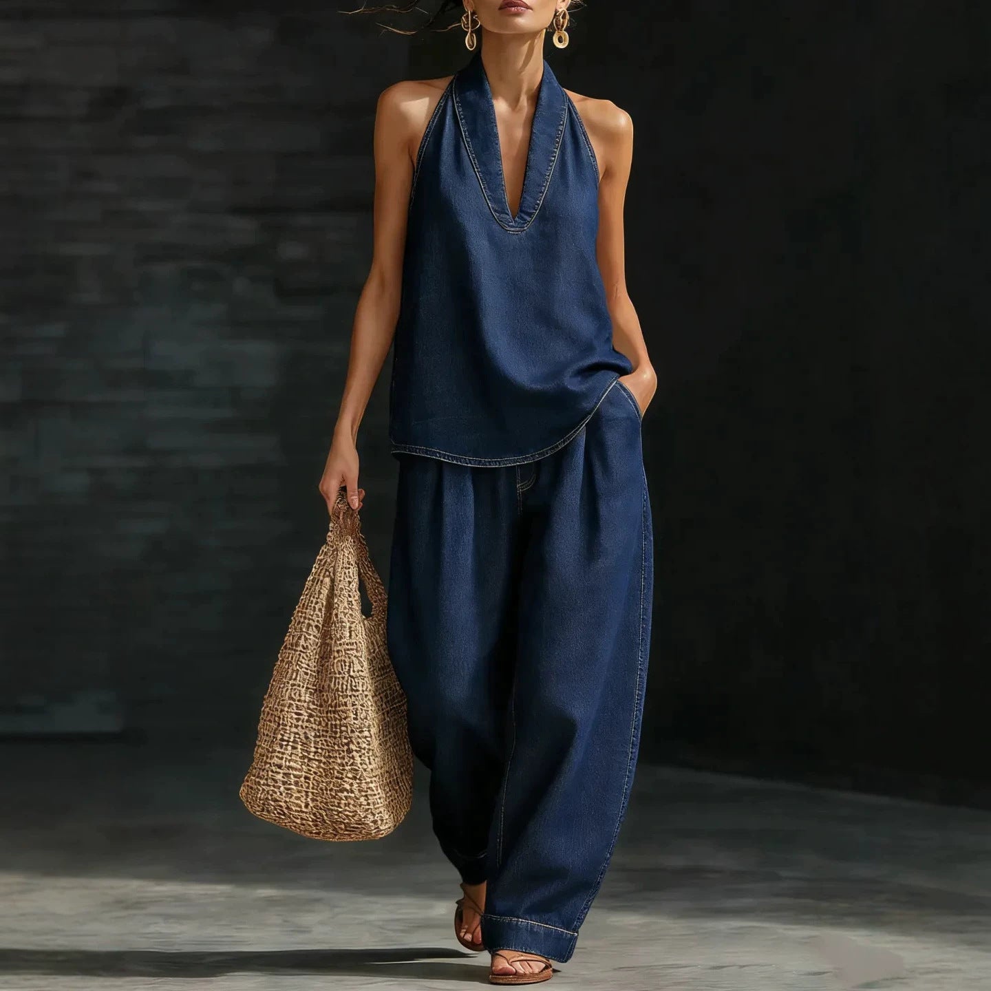Neck top wide leg pants set