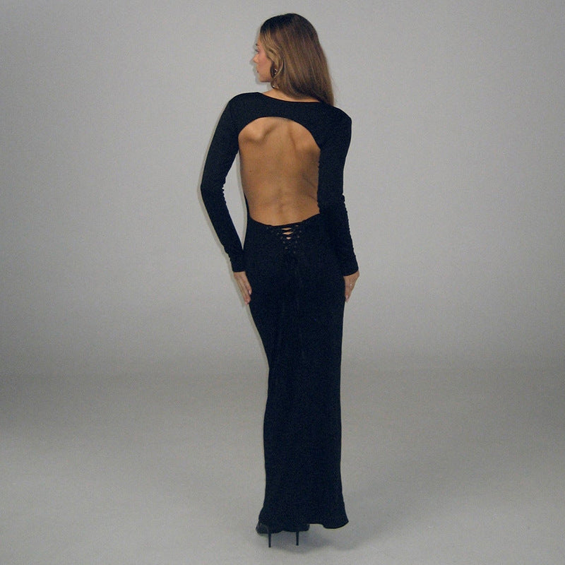 Chic Long Sleeve Solid Color High Back Pleated Sexy Bodycon Maxi Dress for Women