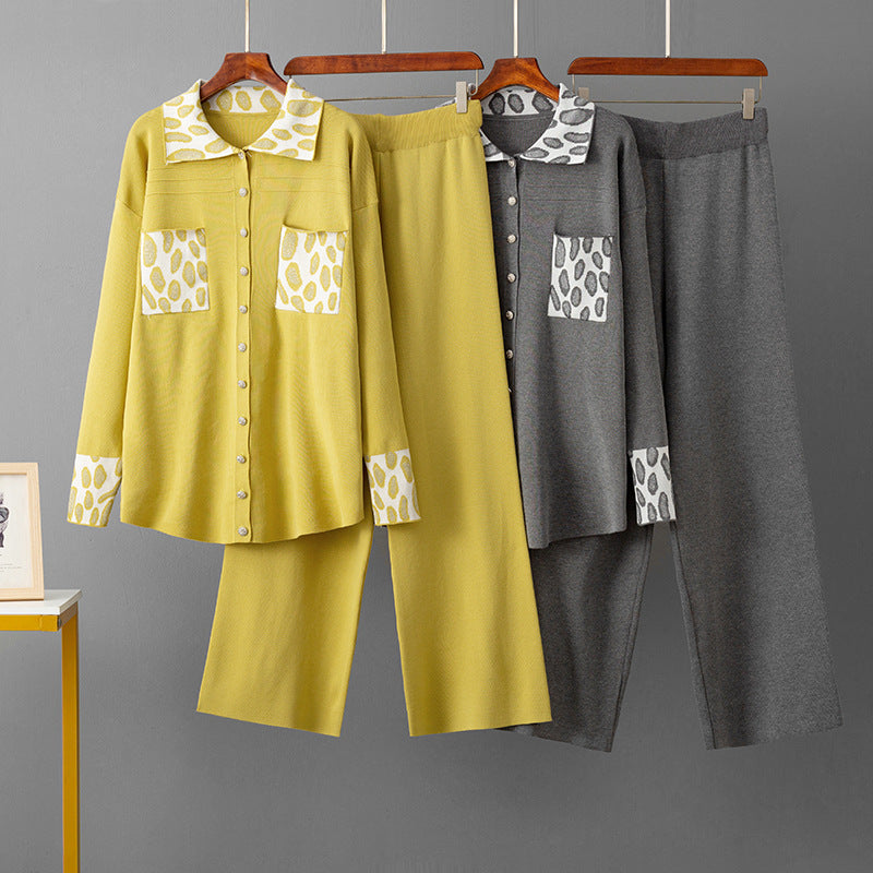 POLO collar loose sweater wide leg pants two-piece set for women