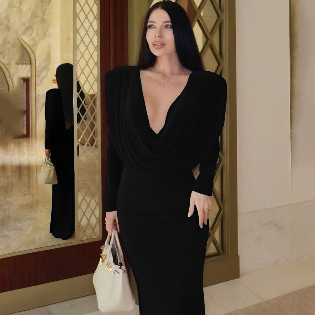 Backless swing collar slim fit pleated solid color long sleeved dress