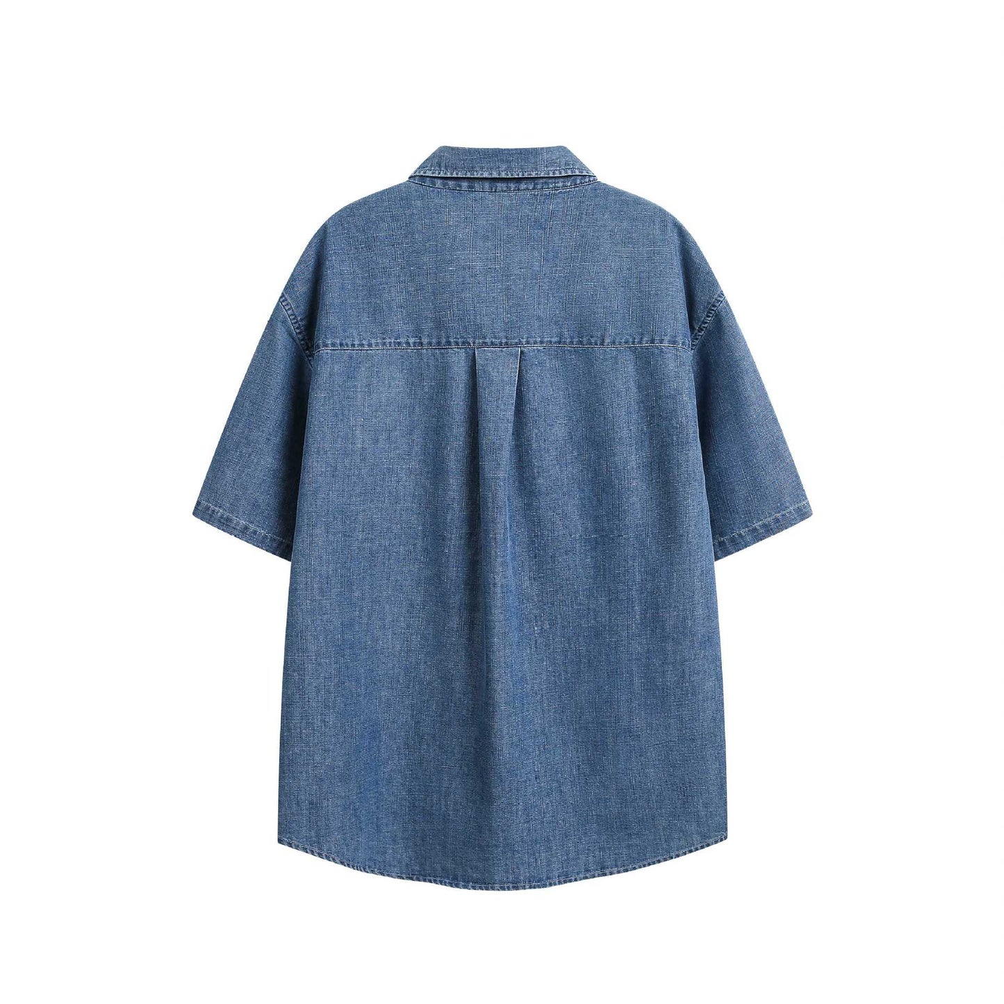 Washed and ground white single breasted loose short sleeved denim shirt