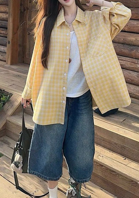 Vintage Plaid Shirt Women's  Thin Loose Collar Sunscreen Long Sleeve Blouse Outerwear Trendy