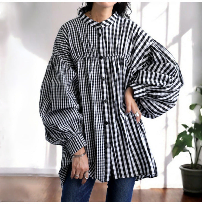 New long sleeved temperament checkered patchwork women's shirt loose irregular women's top