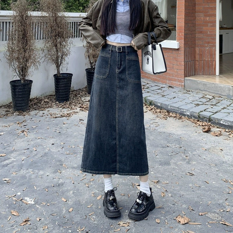 Vintage High-Waist Denim Midi Skirt for Women Split Design Slim Fit A-Line Skirt