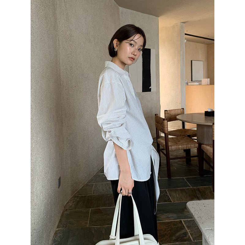 Irregular Cinched Waist Tie-Strap Striped Shirt, Elegant Commute Blouse