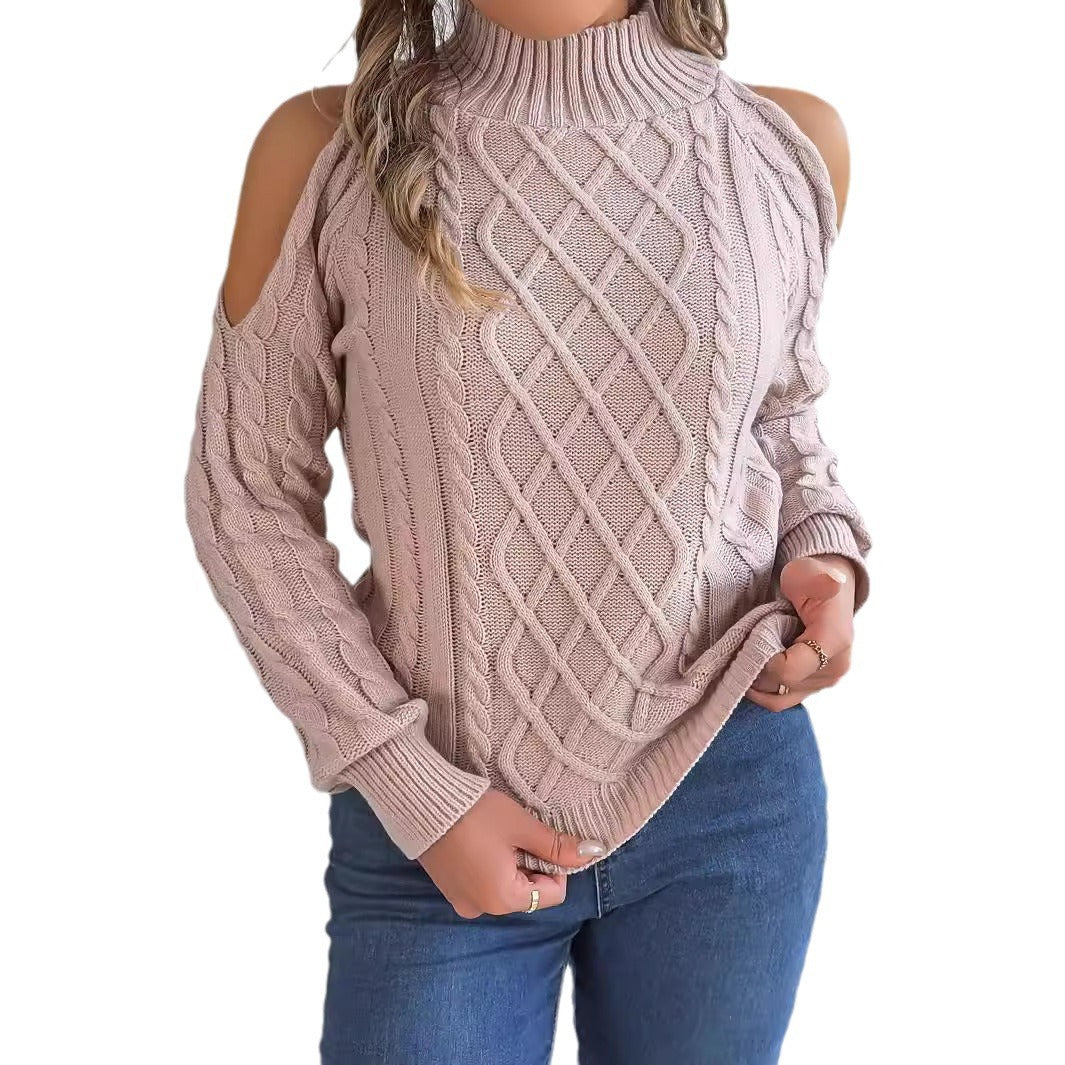 Women's autumn and winter casual warm twisted off-shoulder half-high collar long-sleeved pullover sweater