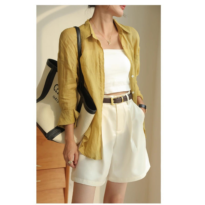 Yellow Ramie Shirt for Women Long Sleeve Lightweight Casual Blouse