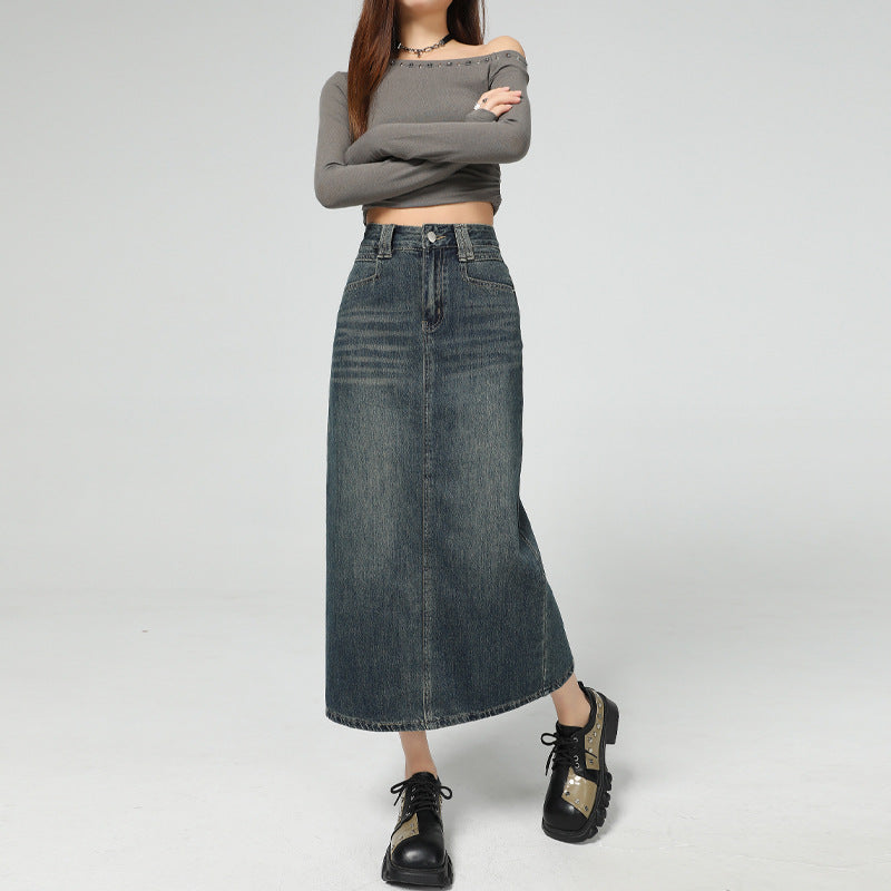 Women's Vintage Blue Slimming Denim Skirt with Slit Design Straight Skirt