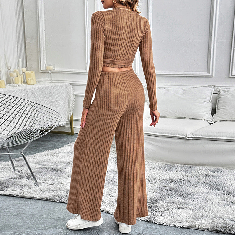Textured Long Sleeve Tie Women's Two-Piece Set