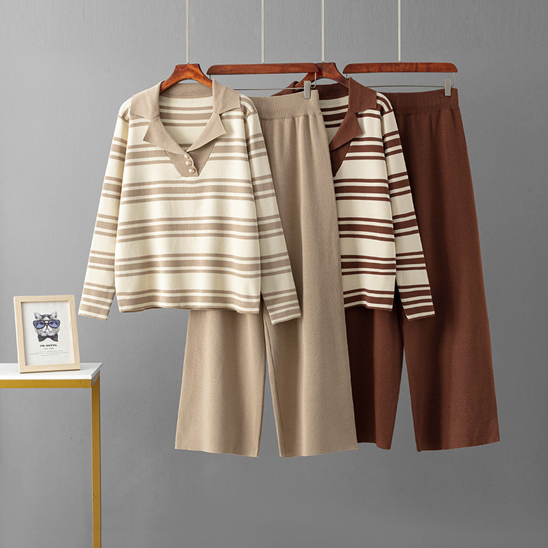 Flip collar color blocked striped long sleeved wide leg pants two-piece set for women