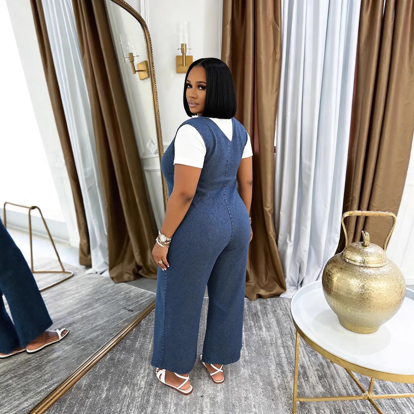 Casual V-Neck Side Pocket Washed Denim Jumpsuit