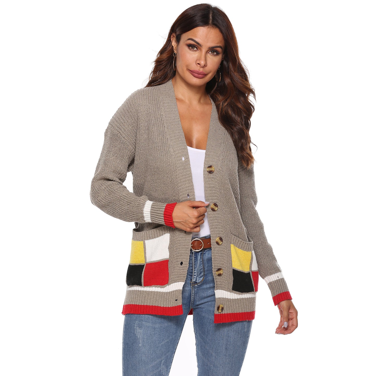 Women's Thick Woven Cardigan Coat with Color-blocked Large Pockets, V-neck Casual Sweater
