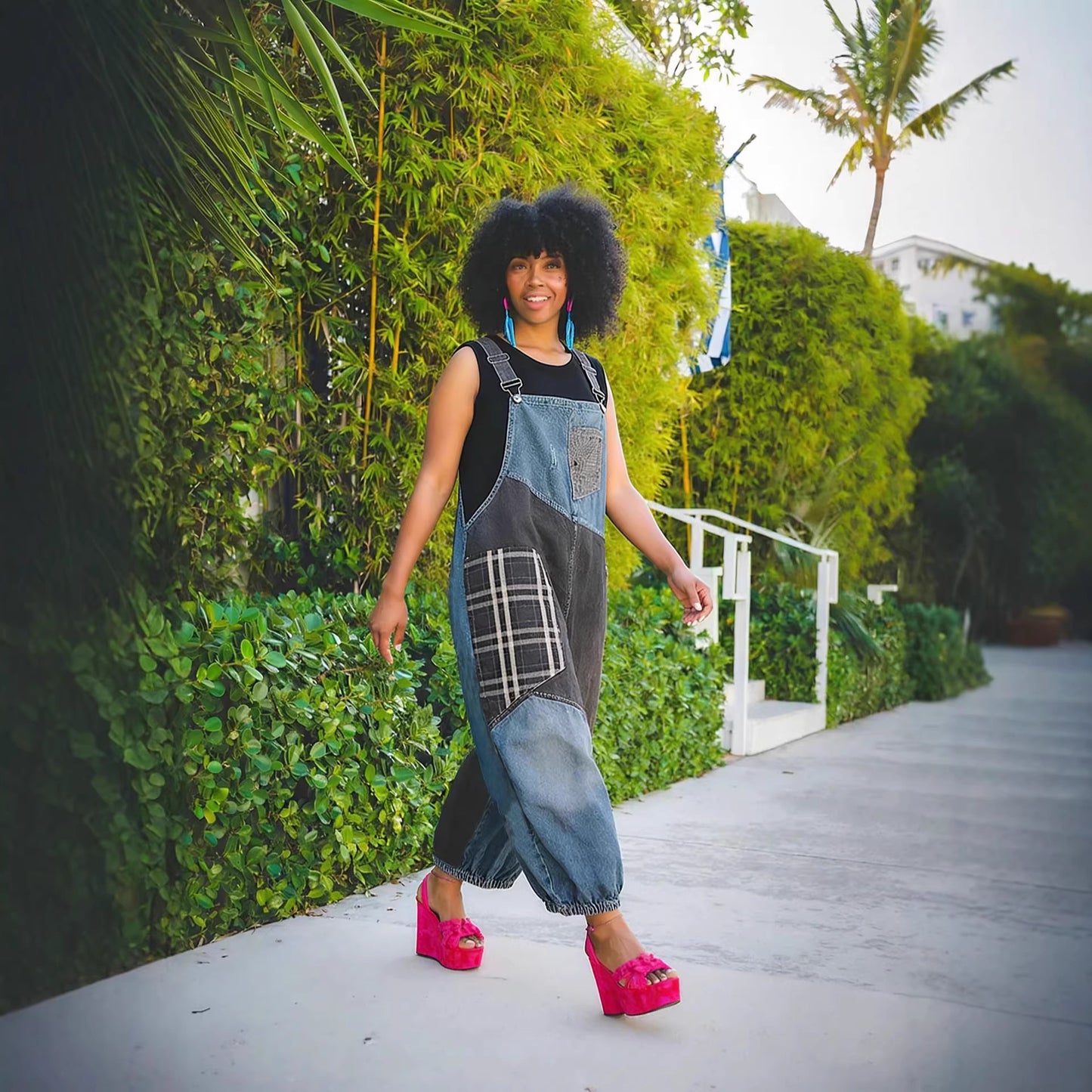 Ripped Checkered Patchwork Pocket 9/10th Length Overalls