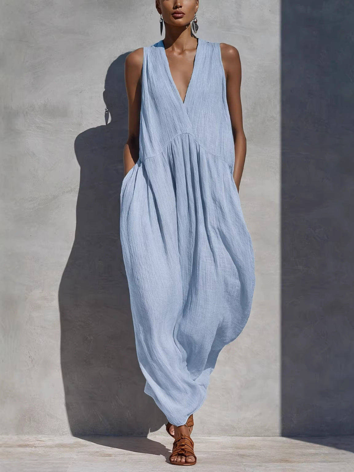 Solid color V-neck dress
