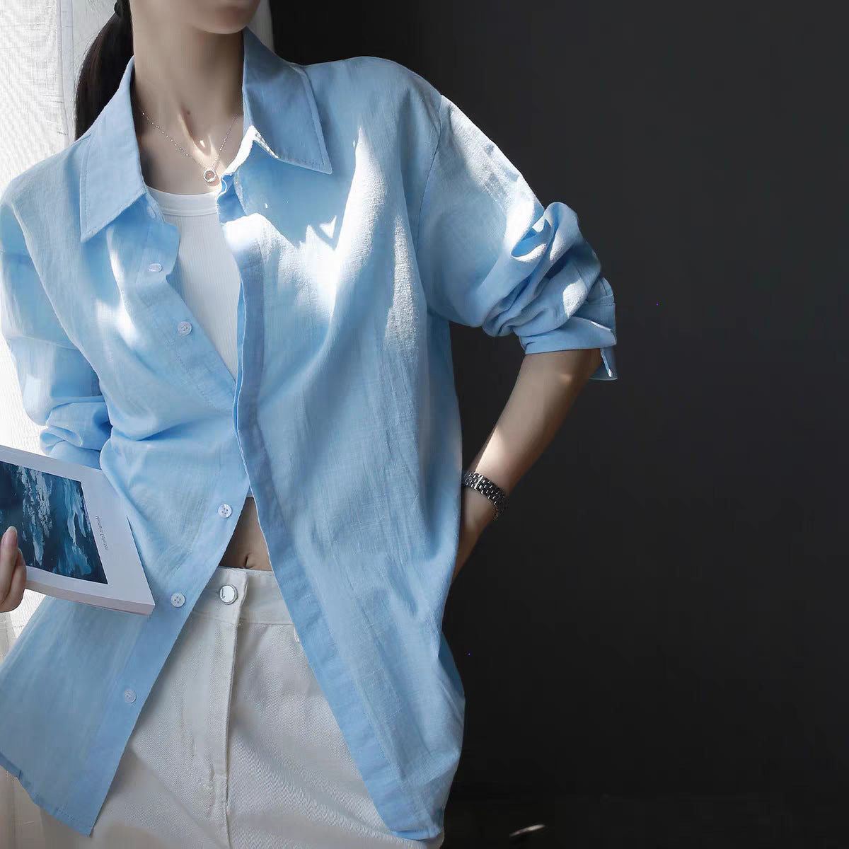 Blue Polo Collar Sun Protection Shirt Loose Lazy Style Long Sleeve Lightweight Cotton Linen Blouse Jacket