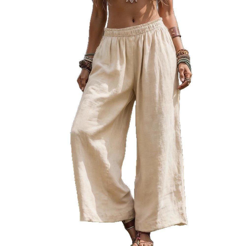 Loose Side Pocket Elastic Waist Cotton Linen Wide Leg Pants for WomenCasual Fashion Bottoms