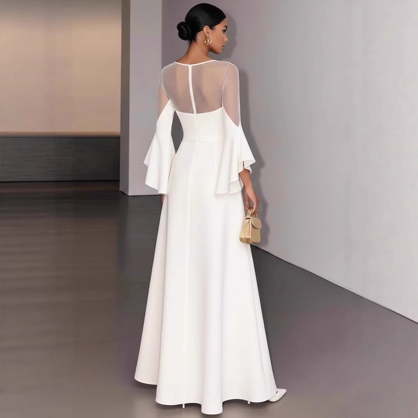 White Long Sleeve Wedding Dress, Slim Fit, Backless Design Evening Gown