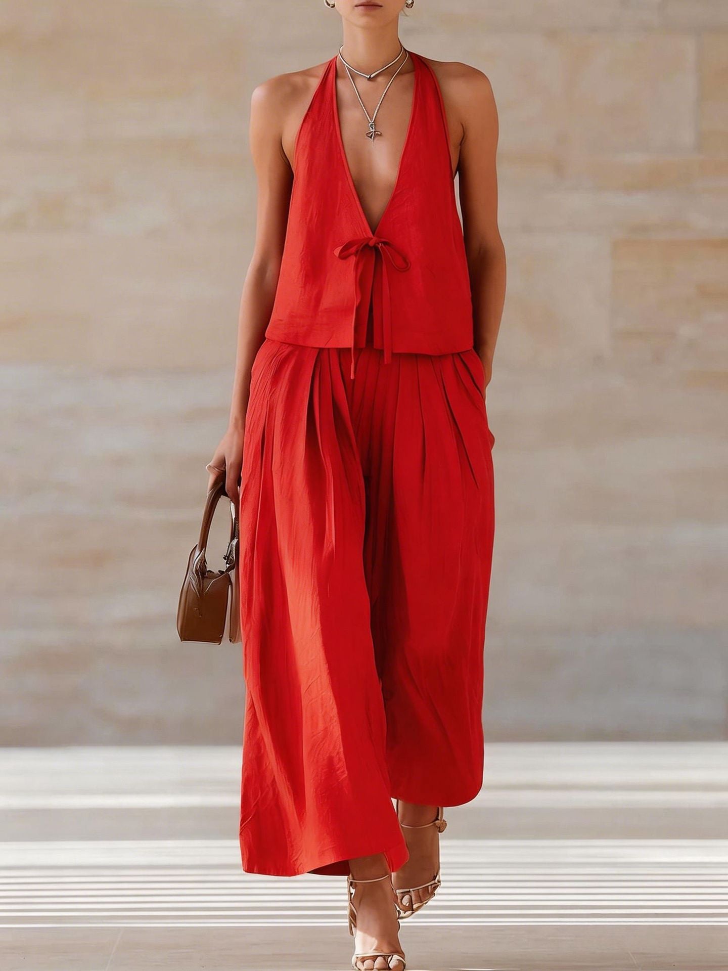 Style Solid Color Sleeveless Casual Loose Fit Two-Piece Set Tank Top amp Wide-Leg Pants Women's Outfit