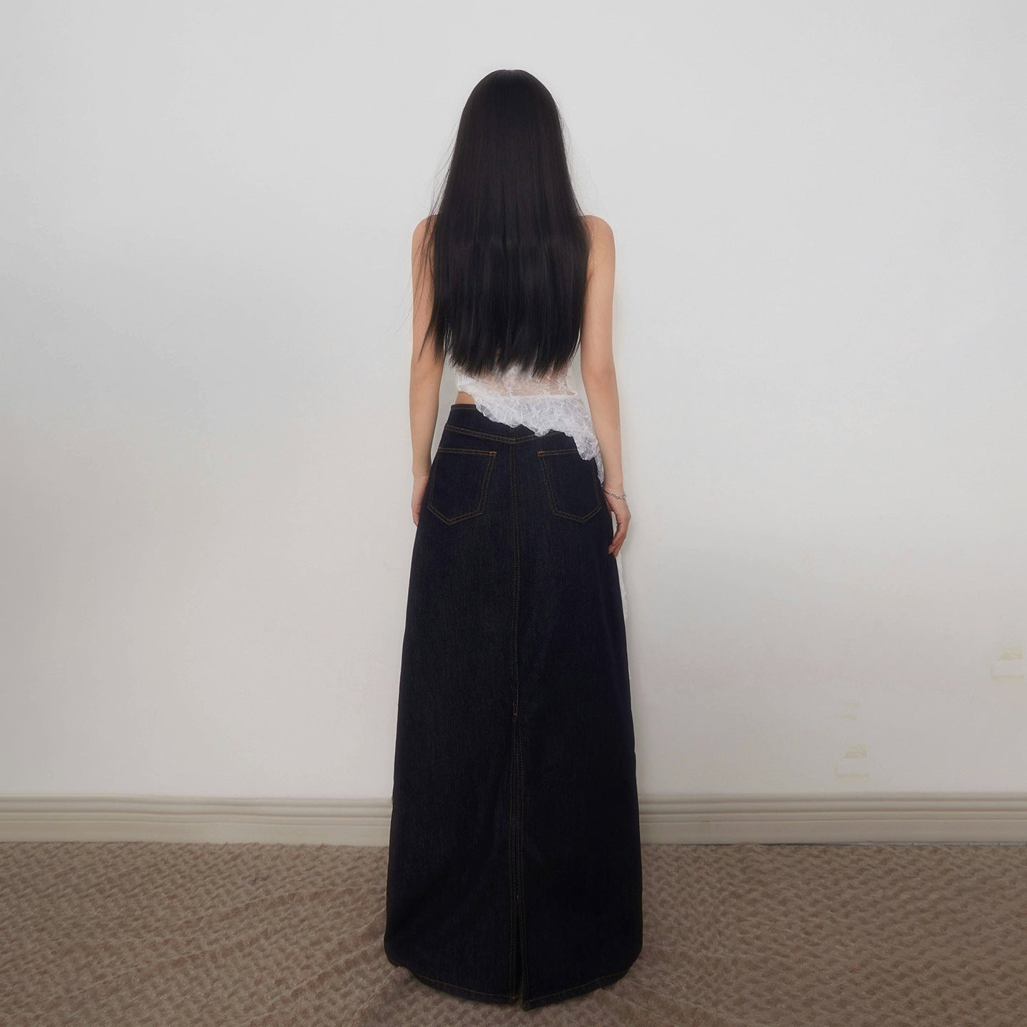 Tall Women's Dark Blue Denim Midi Skirt Long Length Retro High Waist Straight Tube Skirt