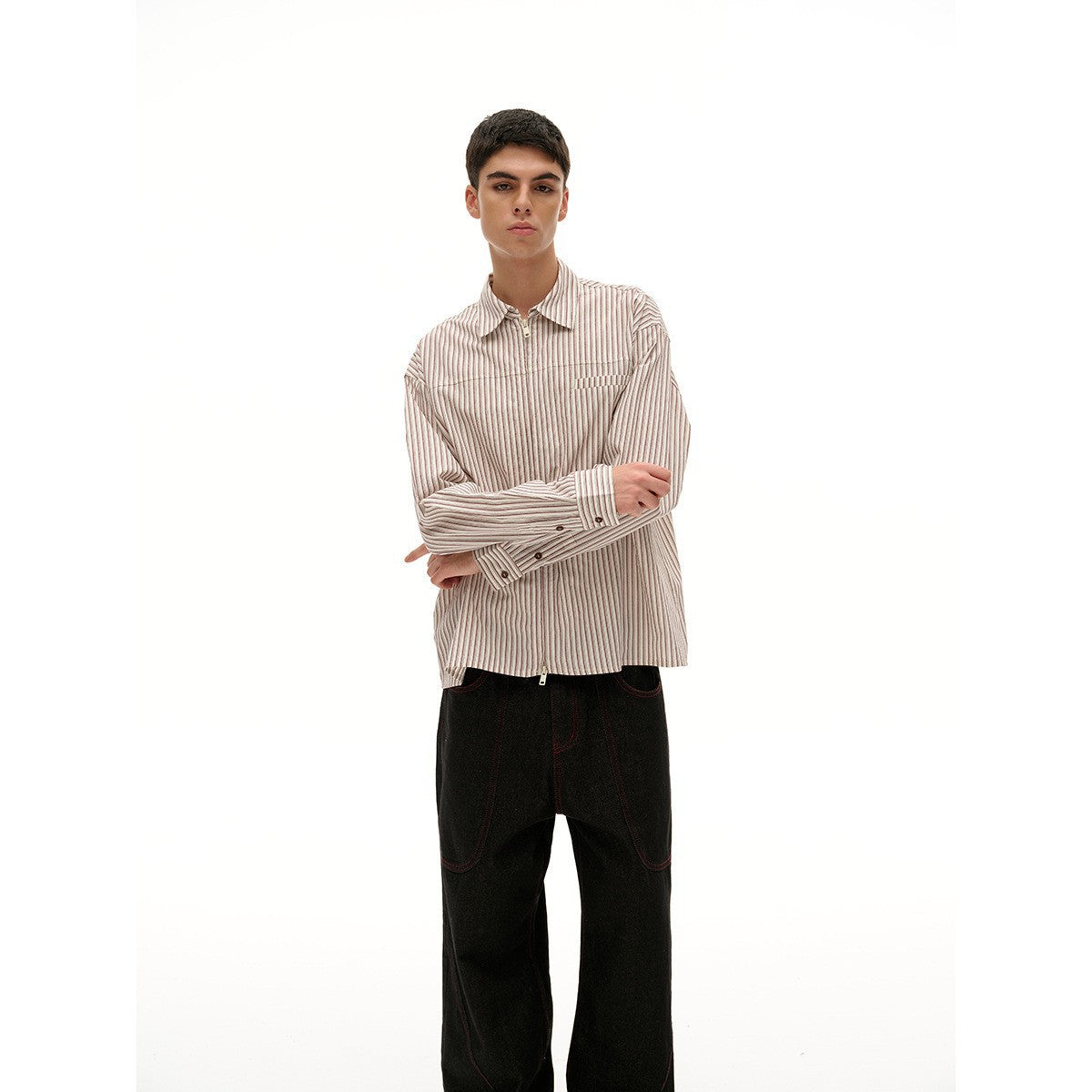 Zipper Front Trendy Shirt Unisex Casual Long Sleeve Striped Shirt