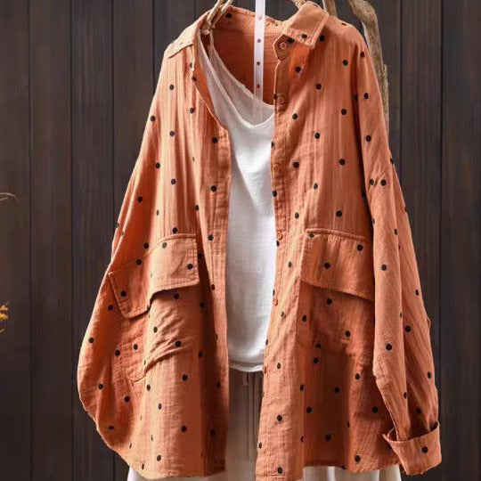 Loose Collar Cotton Shirt Women's Literary Slimming Long Sleeve Jacket Printed Outerwear