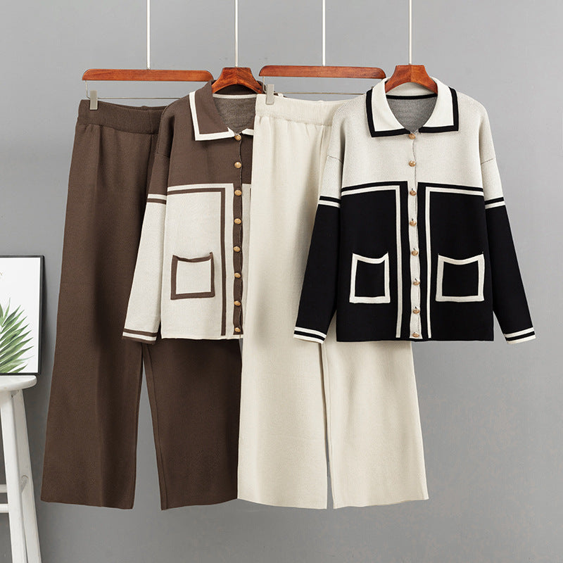 Flip collar loose cardigan two-piece set