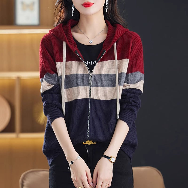 Striped Double Zipper Hooded Knit Cardigan for Women, Loose Slim Fit Sweater Top Outerwear
