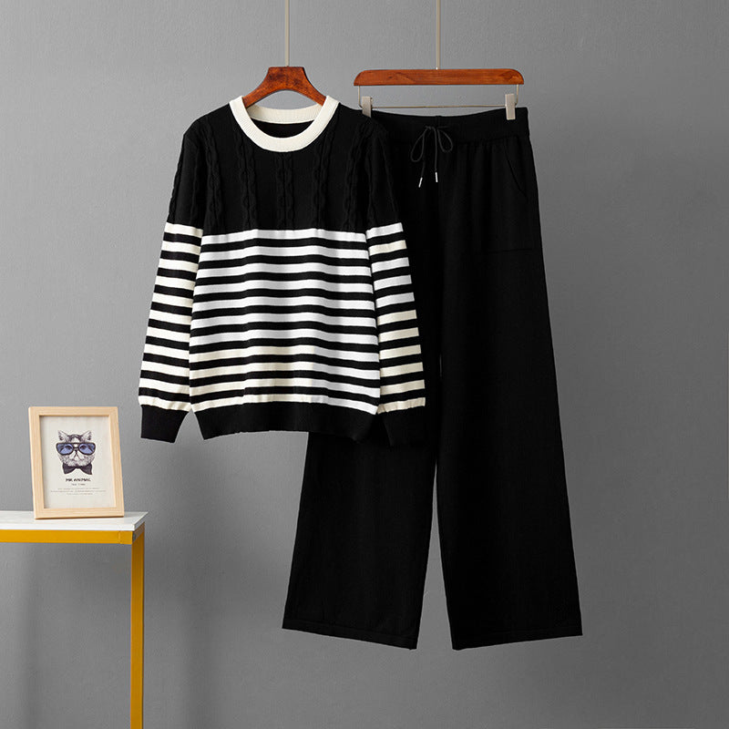 Round neck sweater loose pants two-piece set