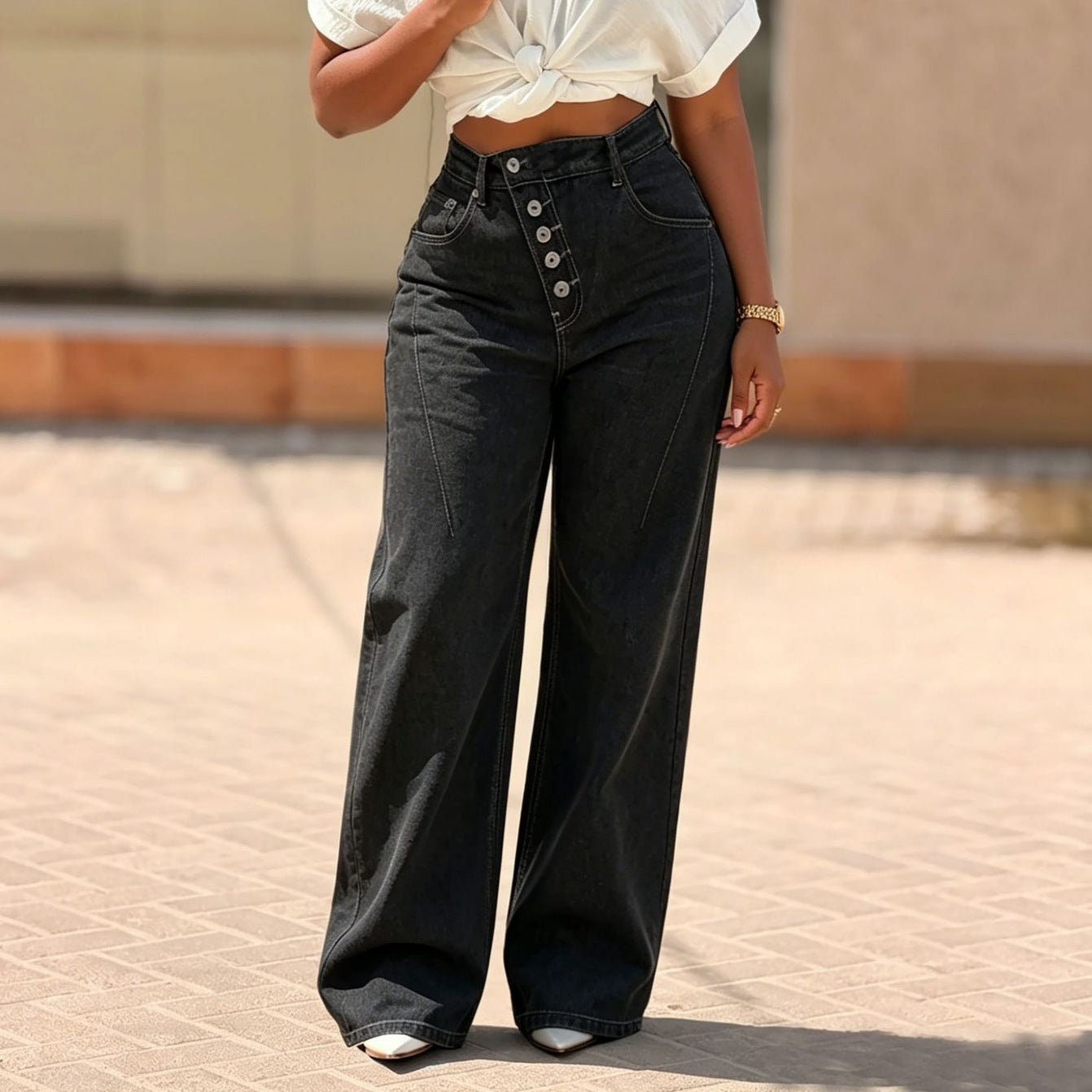 NewTopstitching Multi-button Fly Front Denim Pants