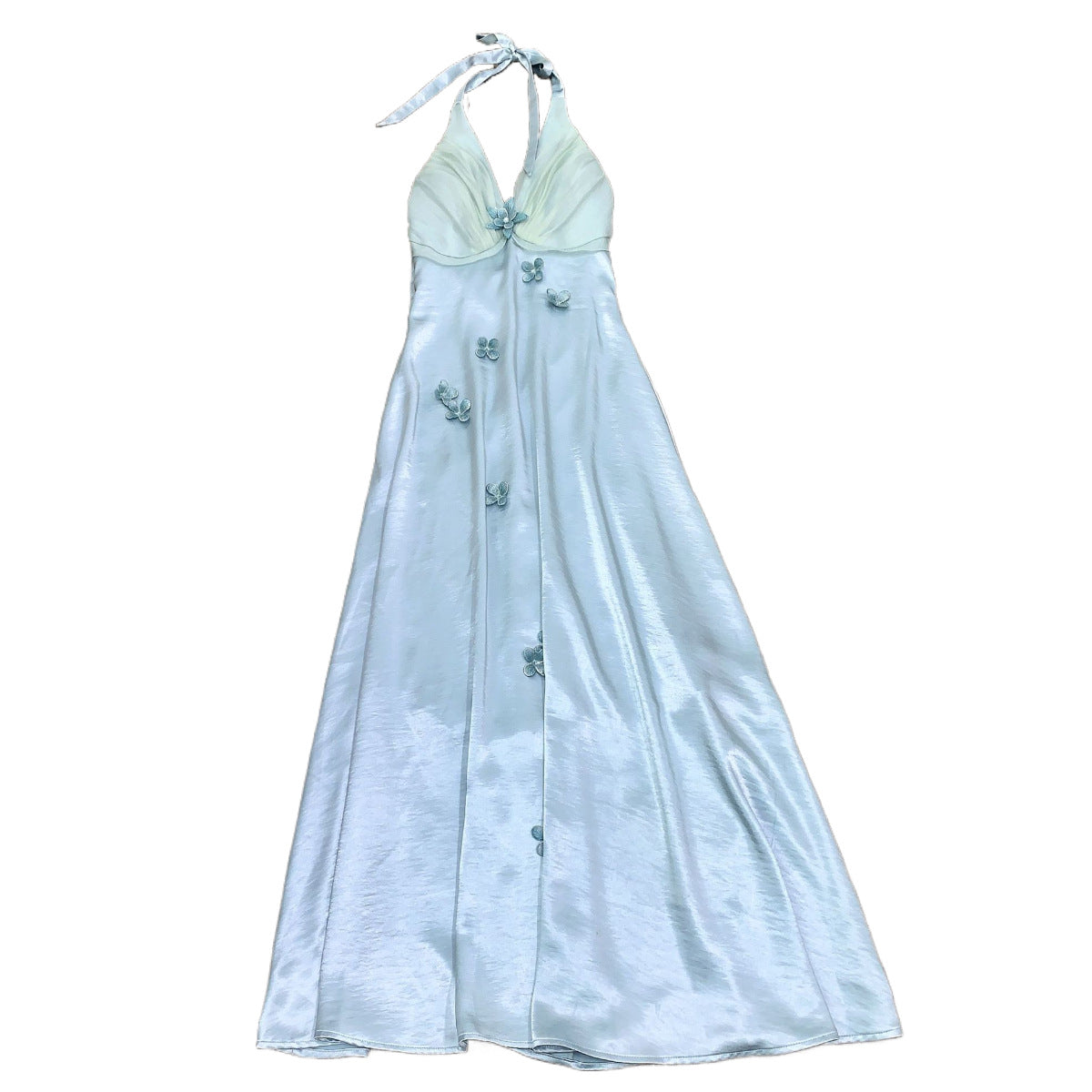 LaceMa Butterfly PearResort Style Embellished Strapless Blue Floral Dress Satin Fairy Dress