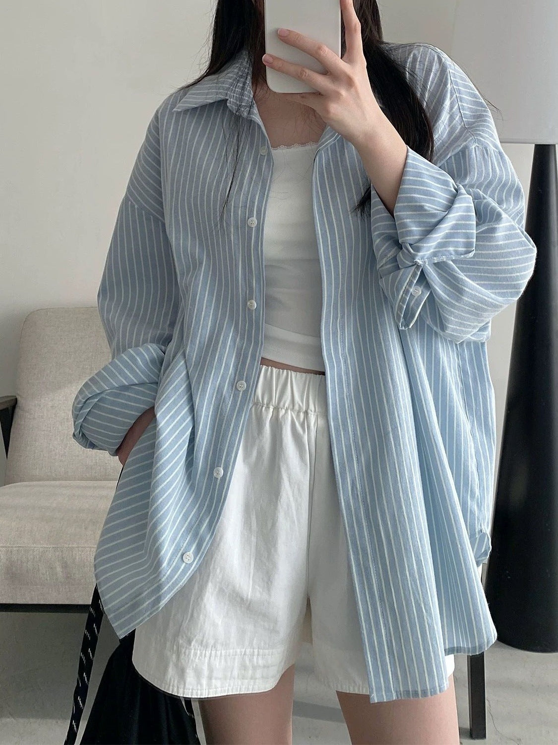 Polo Collar Light Blue Long Sleeve Striped Shirt Women's Chic Loose Cardigan Top