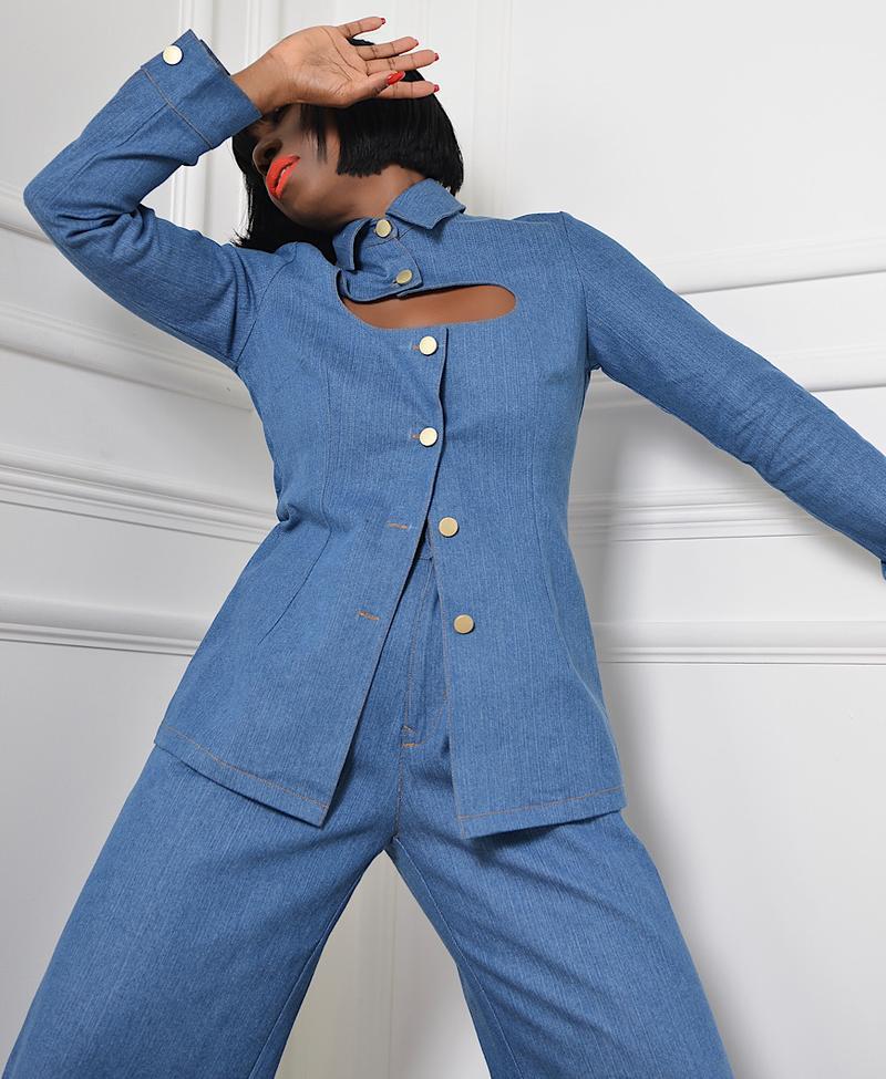 New European And American Style Women's Shirts Open Chested Faux Denim Top And Pants Two Piece Suit