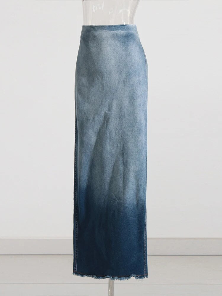 Denim Summer Skirts For Women High Waist Ombre Hit Color Raw Hem A Line Temperament Skirt Female Fashion Clothes