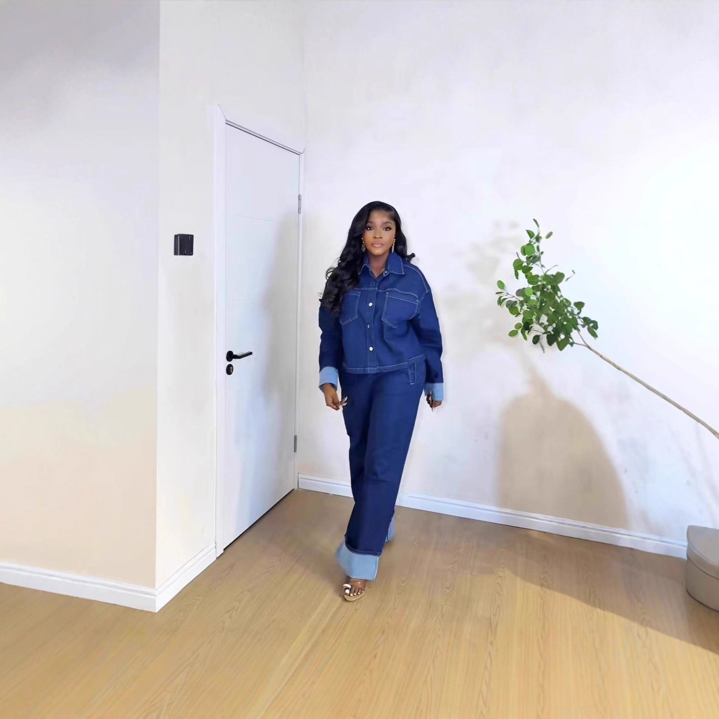 Vintage Button-Down Long Sleeve Workwear Denim Pants for Women