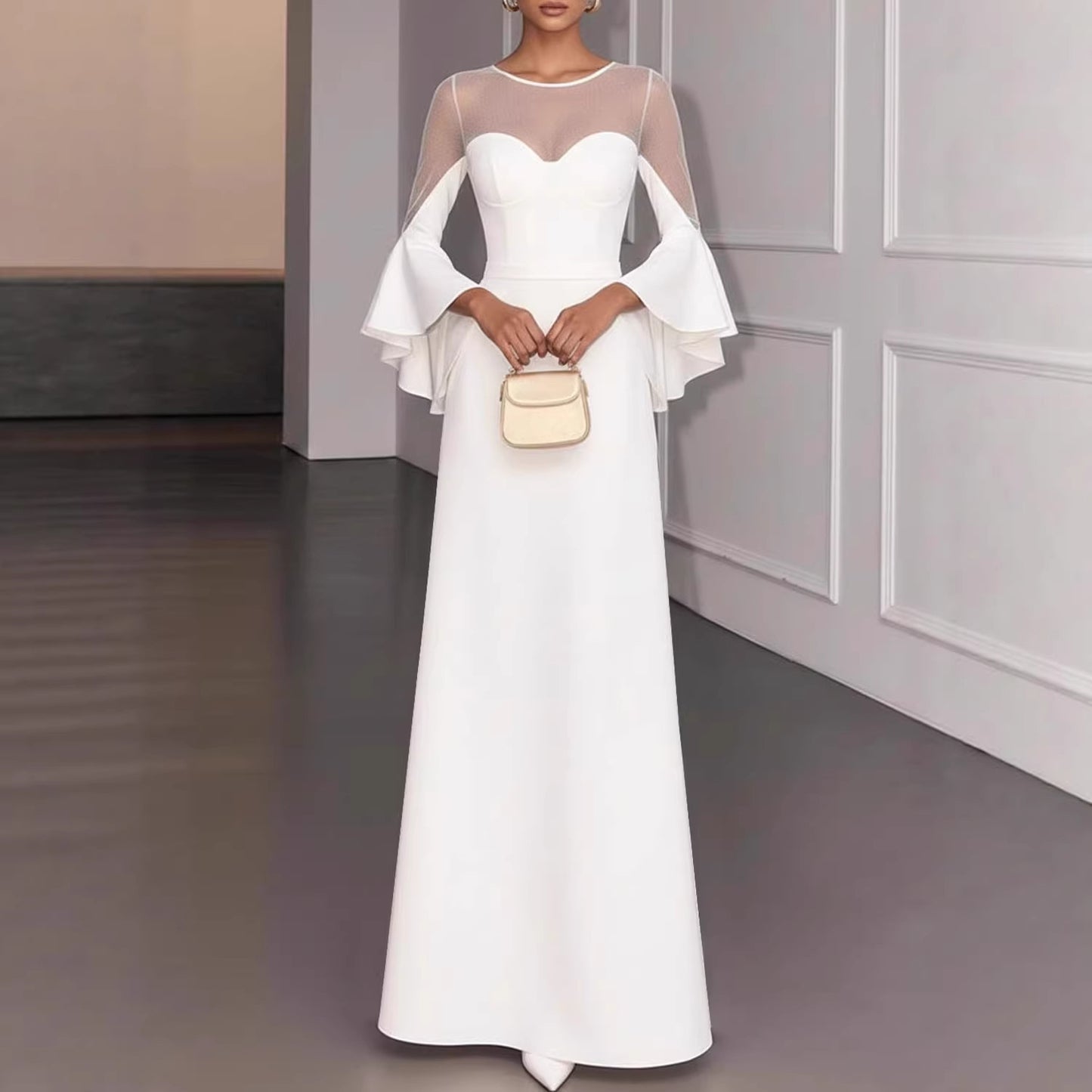 White Long Sleeve Wedding Dress, Slim Fit, Backless Design Evening Gown