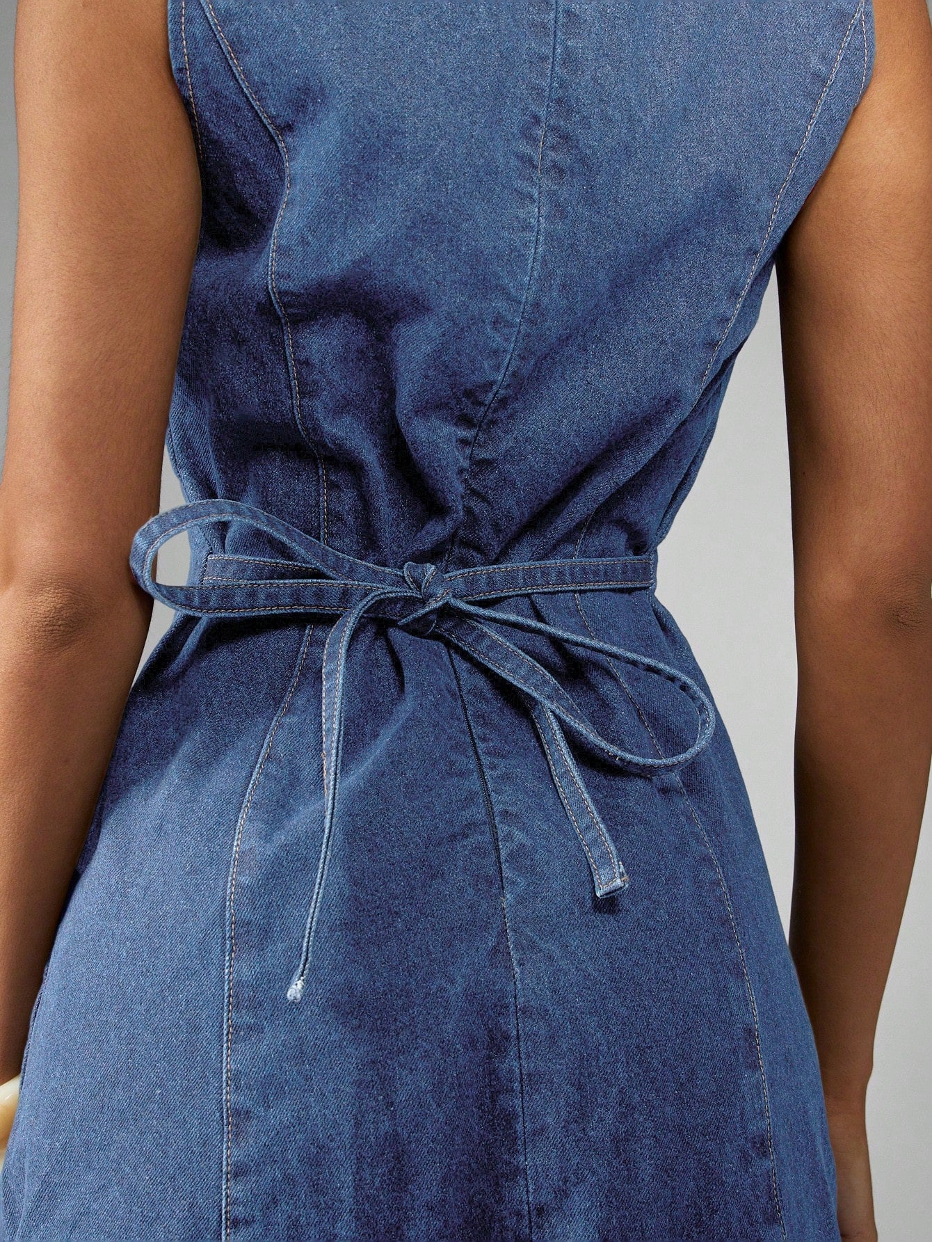 Plain Sleeveless Back Tie A-line Denim Dress for Women