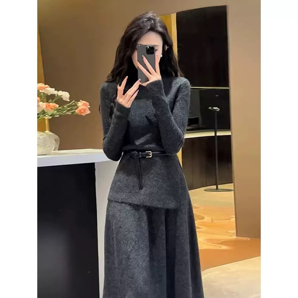Turtleneck Knit Top and Half Skirt Two-Piece Set for Women, Elegant Slimming Knitwear Suit